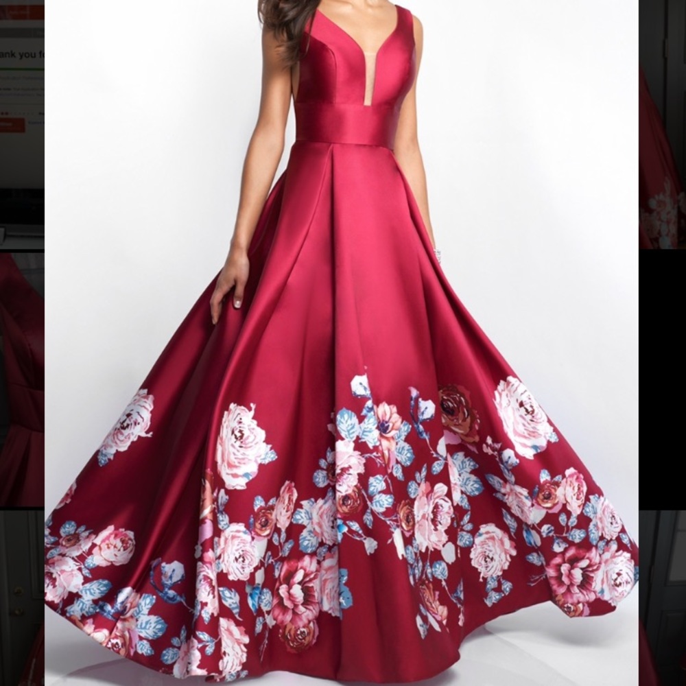 Blush dress- Red v-neck floral prom dress